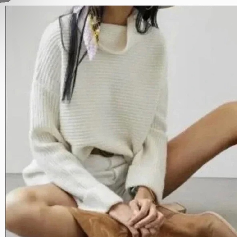 Anthropologie PILCRO XL White Cowl Neck Ribbed Oversized Sweater Chunky Ribbed
